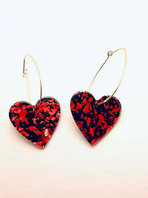 Women’s luxury earrings-Acrylic Heart Earrings, Black/Red Sequins