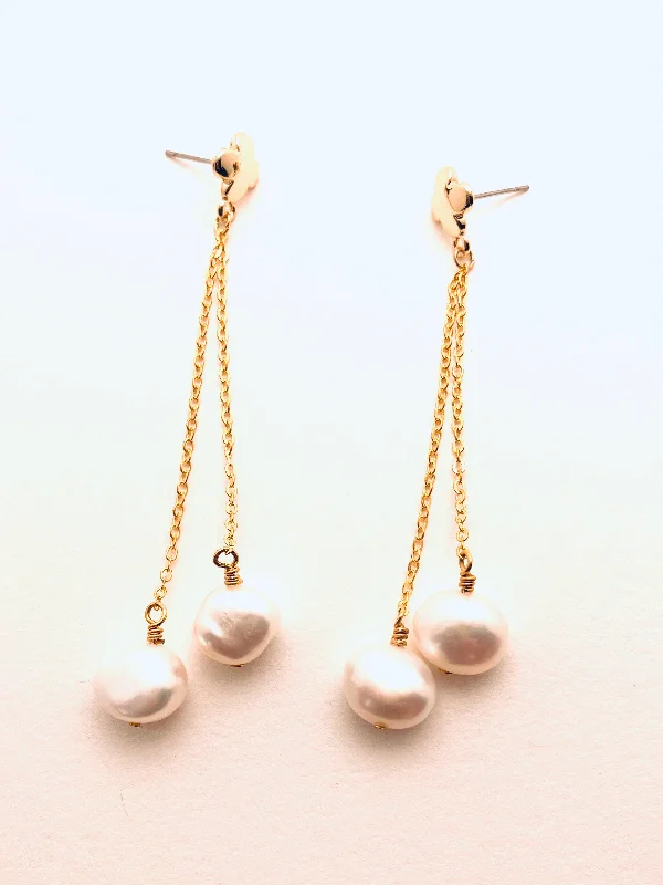 Women’s rainbow earrings-Earrings with Two Large Pearls, Cross and Chain