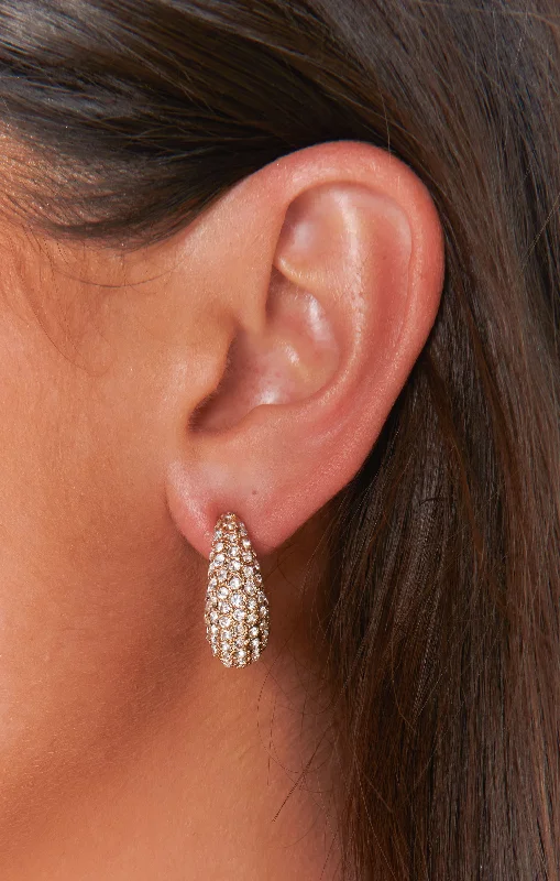 Women’s crystal hoop earrings-Pave Rhinestone Puff Hoop Earrings ~ Gold