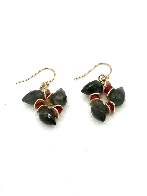 Women’s rainbow gemstone earrings-Labradorite Bud with Ruby Gold Earrings