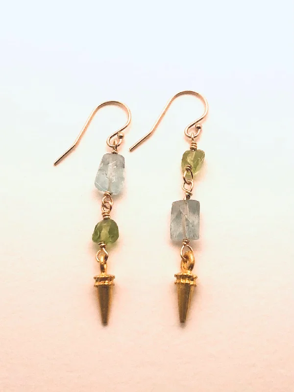 Women’s handmade gold earrings-Peridot, Aquamarine with Dagger Component Earrings