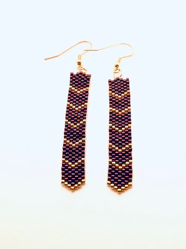 Women’s stud earrings-Beaded Dangle Earrings, Dark Red and Gold