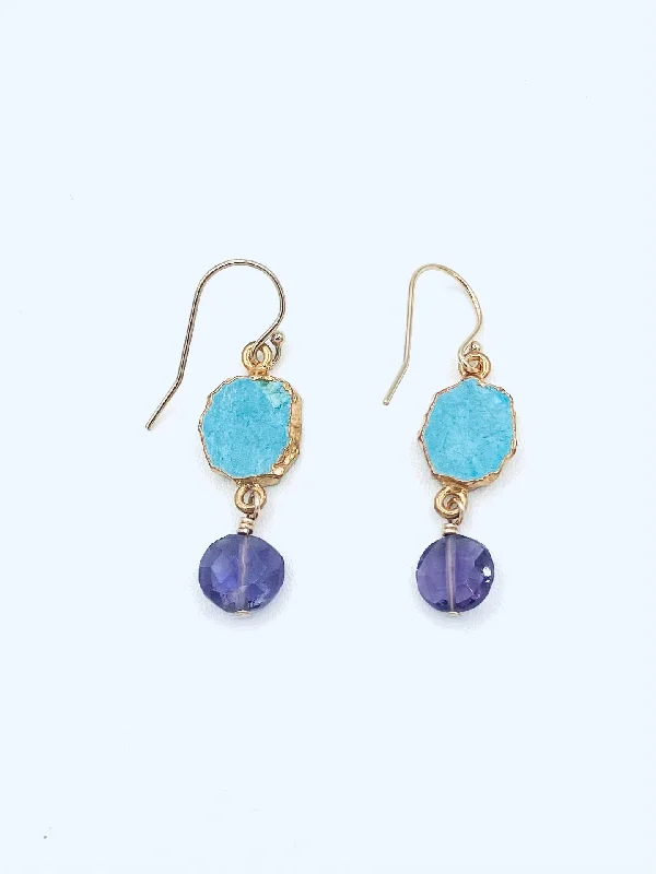 Women’s birthstone earrings-Earrings with Turquoise, Organic Shape, Wrapped in Vermeil with Amethyst Drop