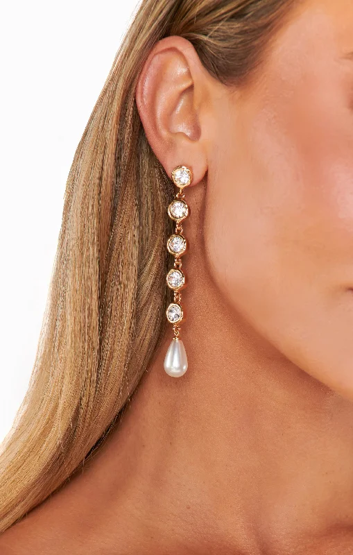 Women’s gold cuff earrings-Ettika Elegantly Modern Crystal and Pearl Dangle Earrings ~ Gold