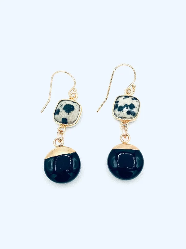 Women’s luxury hoop earrings-Black Onyx Coin dipped in Vermeil with Polka Dot Agate Drop