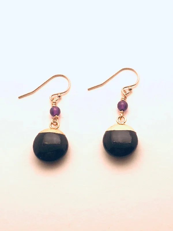 Women’s nature-inspired earrings-Black Onyx Coin dipped in Vermeil with Amethyst Accent Bead Earrings