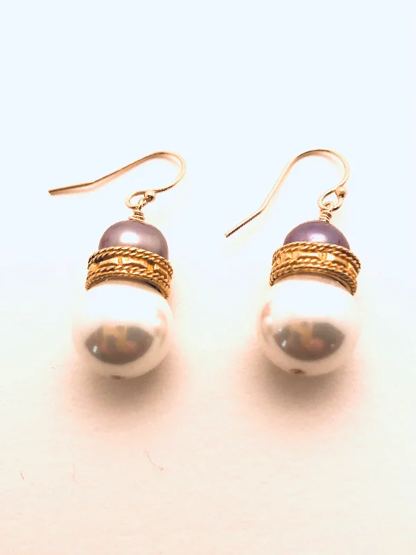 Women’s infinity hoop earrings-Mother of Pearl with Lilac Pearl and Jewelers Brass Ring Earrings