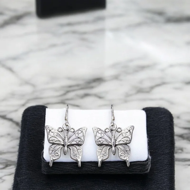 Women’s delicate earrings-Sterling silver oxidized butterfly motif earrings for women and girls