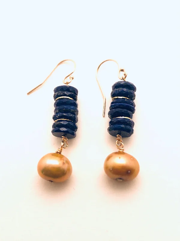 Women’s crystal earrings-Lapis, 22k Vermeil Discs, Gold Fresh Water Pearl Earrings