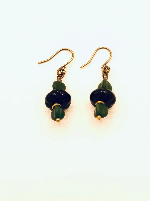 Women’s bold earrings-Czech and German Glass Bead Earrings, Green and Black