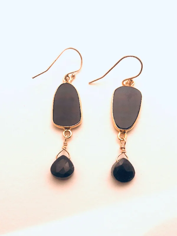 Women’s pearl stud earrings-Smooth Onyx wrapped in Vermeil Earrings with Jet Briolette