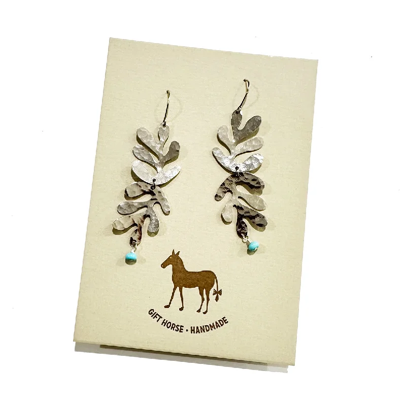 Women’s butterfly earrings-White Gold Leaf Earrings with Turquoise