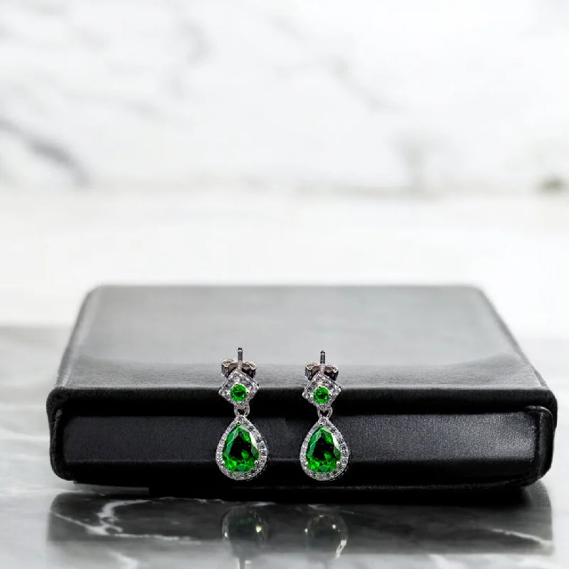 Women’s ear cuff earrings-Sterling silver green stone tear drop earrings for women and girls