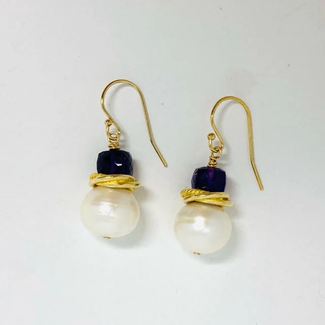 Women’s round hoop earrings-Pearl & Amethyst with a Twist Ring Earrings