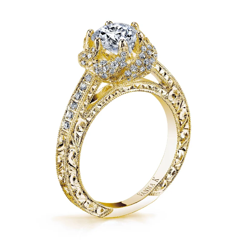 Women’s three-stone diamond engagement rings-18K YELLOW GOLD HALO DIAMOND ENGAGEMENT RING