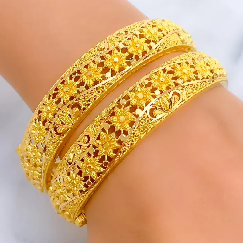 Women’s high-end bracelets-Intricate Ethereal Floral 22k Gold Bangle Pair