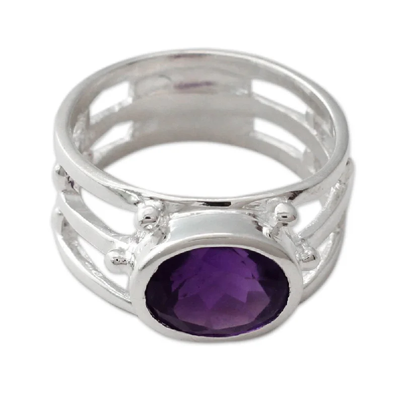 Women’s boho rings-Handmade Sterling Silver 'Twilight Mood' Amethyst Ring (India)