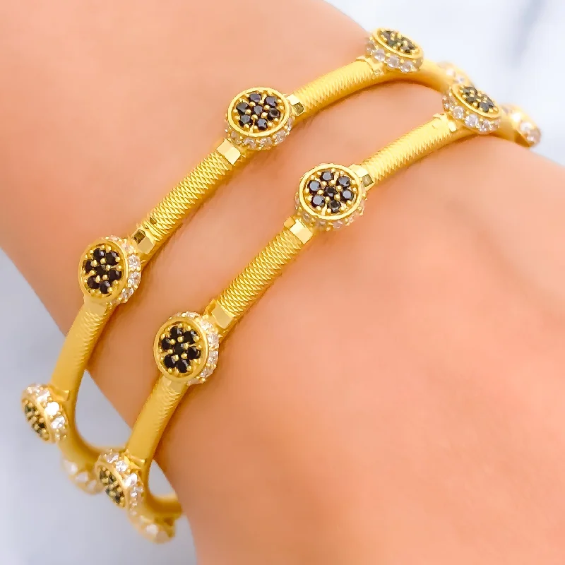 Women’s crystal bracelets for women-Opulent Elevated 22k Gold Floral CZ Bangle Pair