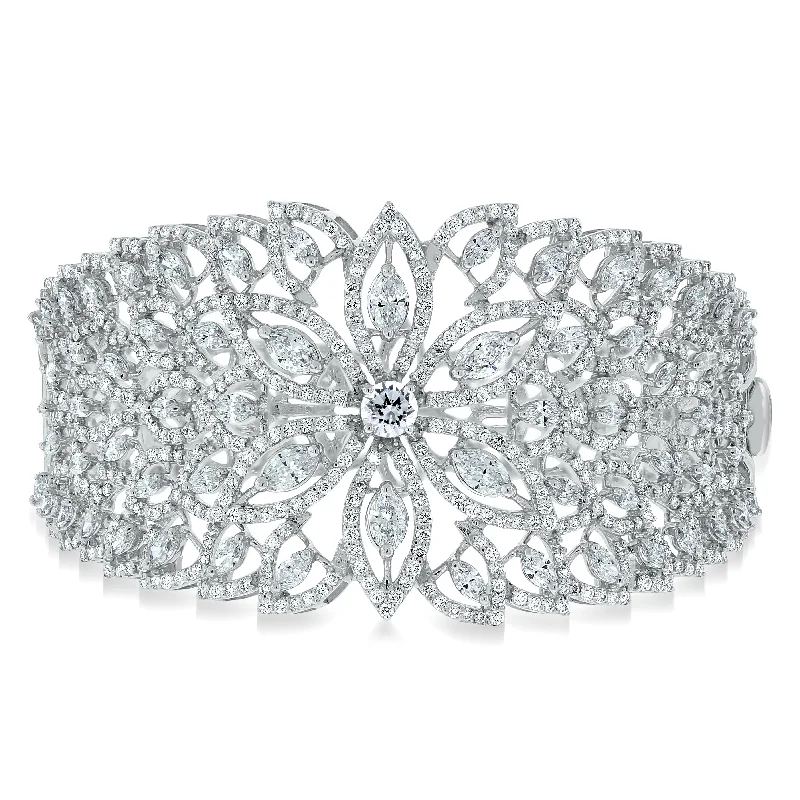 Women’s sparkling bracelets-Beauvince Marquise Diamond Halo Cuff Bangle in White Gold