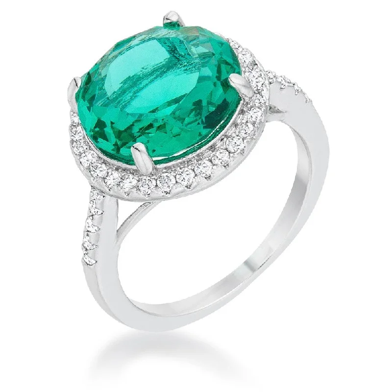 Women’s solid gold rings-Emie 7.3ct Blue Green CZ Rhodium Classic Ring