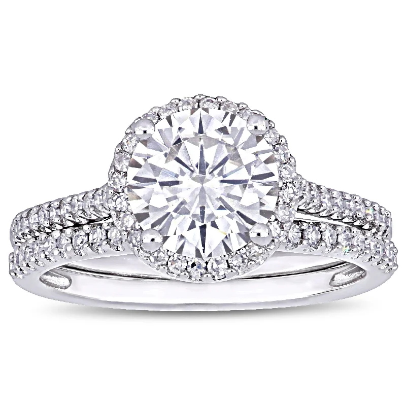 Women’s vintage wedding rings-Miadora 2ct DEW Moissanite and 1/3ct TDW Diamond Halo Bridal Ring Set in 14k White Gold