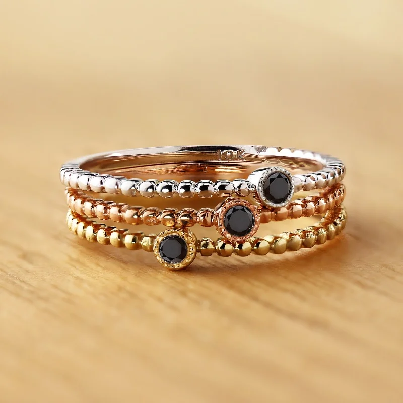 Women’s rose gold rings-Auriya 10k Gold Ultra-thin Stackable 0.03ctw Beaded Black Diamond Accent Stacking Ring