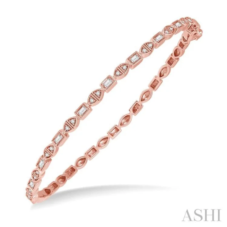 Women’s adjustable charm bracelets-1/3 Ctw Baguette & Round Cut Diamond Stackable Bangle in 14K Rose Gold