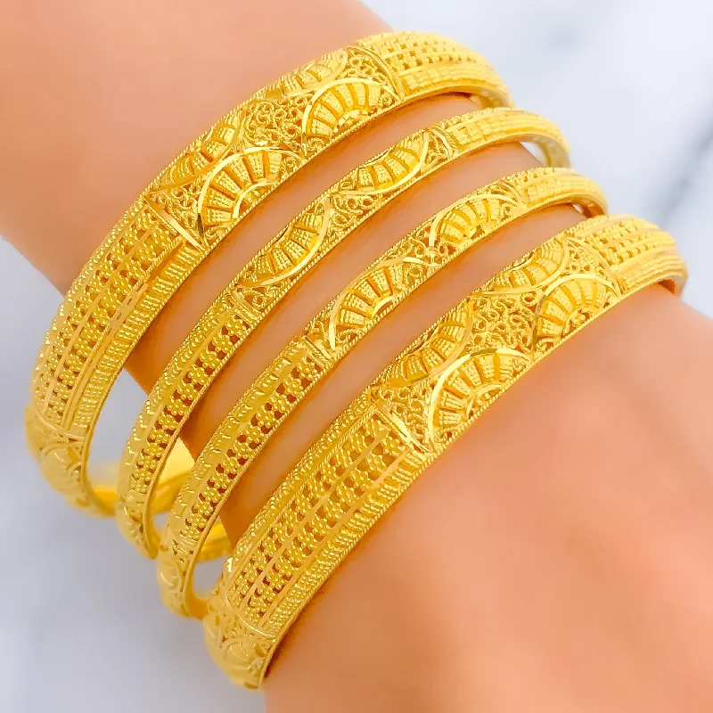 Women’s polished gold bangles-Intricate Filigree Curved 22k Gold Bangles