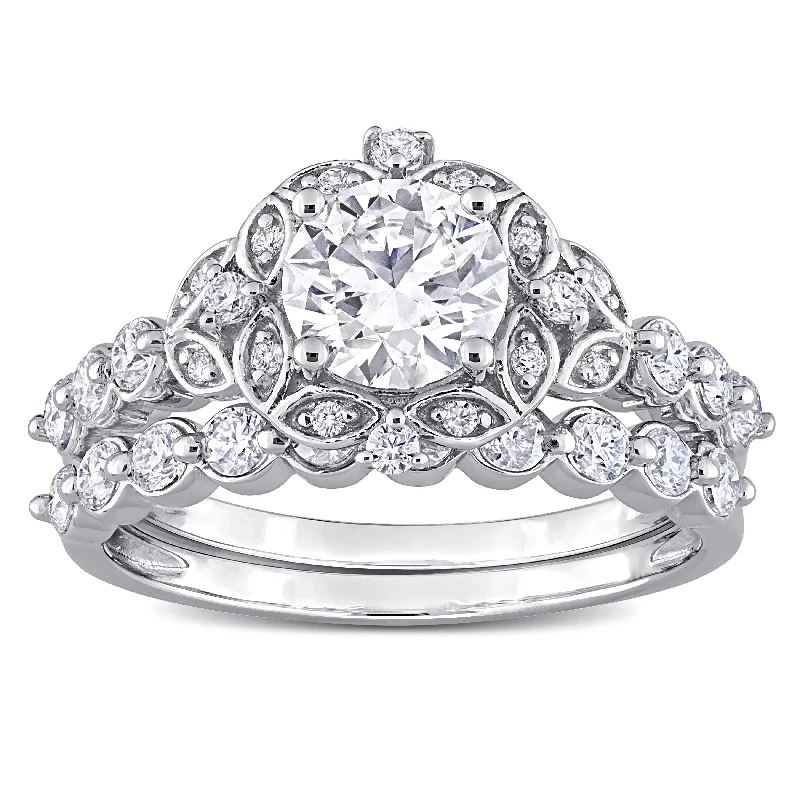 Women’s stackable diamond rings-Miadora 1 3/5ct DEW Moissanite Floral Halo Bridal Ring Set in Sterling Silver