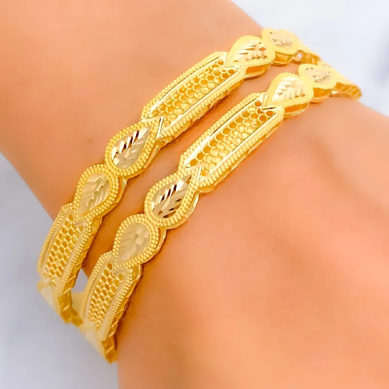 Women’s statement bracelets-Luminous Glimmering Leaf 21k Gold Bangles