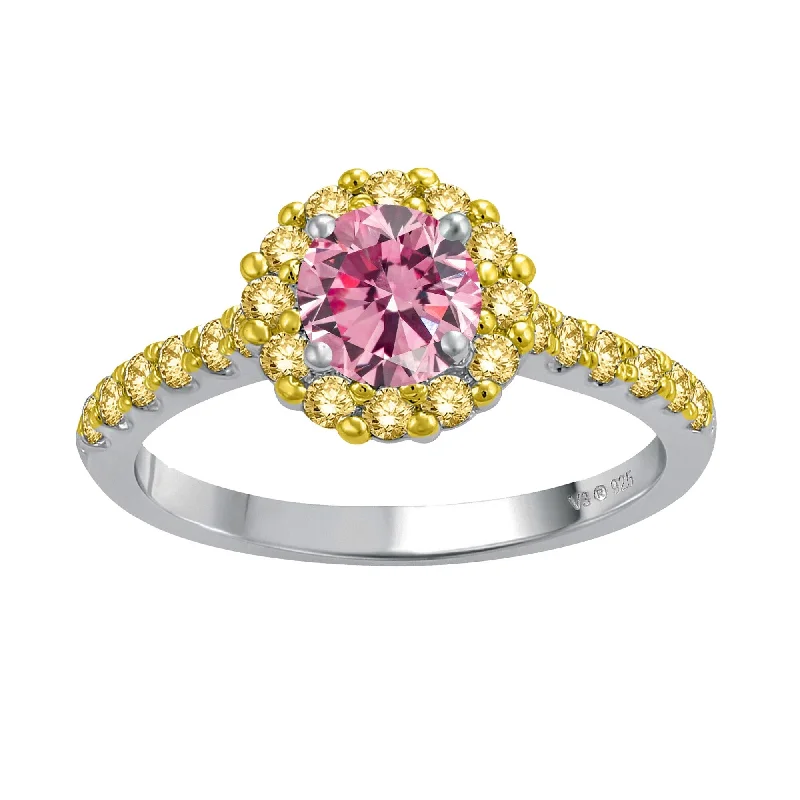 Women’s cluster rings-Sterling Silver Pink Moissanite and Yellow Sapphire Halo Ring