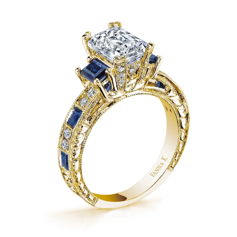 Women’s three-stone diamond engagement rings-18K YELLOW GOLD DIAMOND AND SAPPHIRE ENGAGEMENT RING