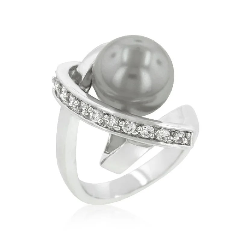 Women’s wide band rings-Rhodium Plated Knotted Simulated Pearl Ring