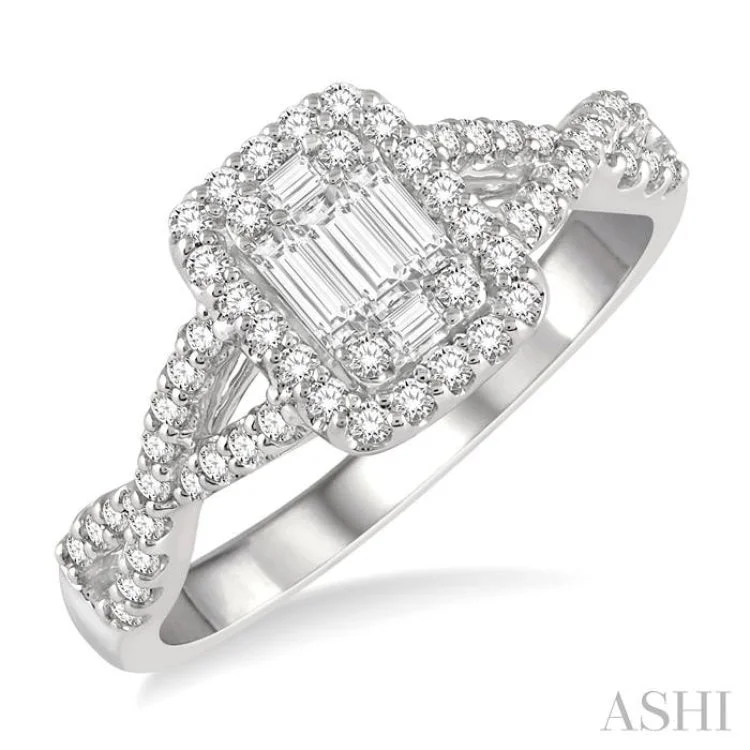 Women’s modern engagement rings-1/2 Ctw Entwined Shank Baguette & Round Cut Fusion Diamond Ring in 14K White Gold