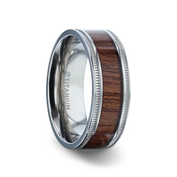 Women’s contemporary engagement rings-MOCHA Koa Wood Inlaid Titanium Men's Wedding Ring With Polished Milgrain Edges - 8mm