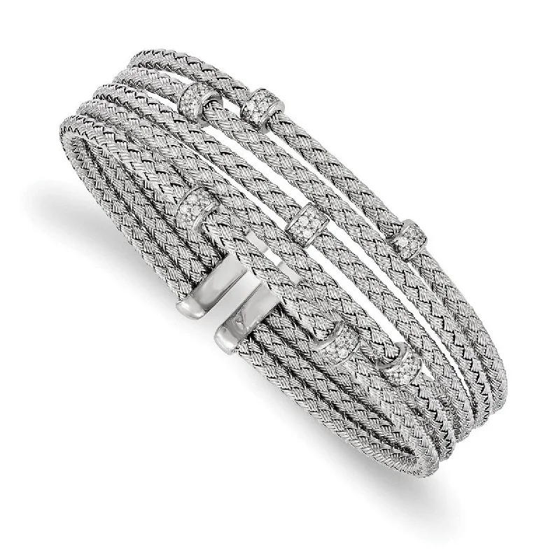 Women’s cuff bracelets-Curata 925 Sterling Silver Polished Rhodium Plated CZ Cubic Zirconia Simulated Diamond Woven Flexible Cuff Stackable Bangle