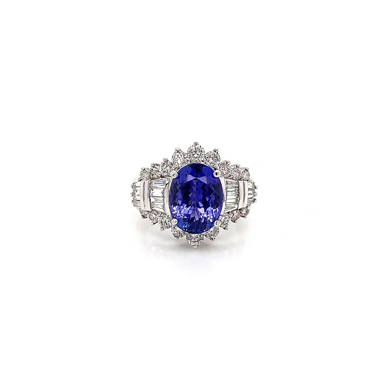 Women’s elegant engagement rings-6.18 Total Carat Tanzanite and Diamond Ladies Engagement Ring in 14K White Gold