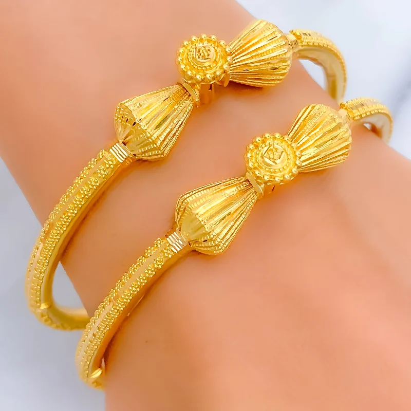 Women’s stylish bangles-Upscale Striped Cone Adorned 22k Gold Pipe Bangles