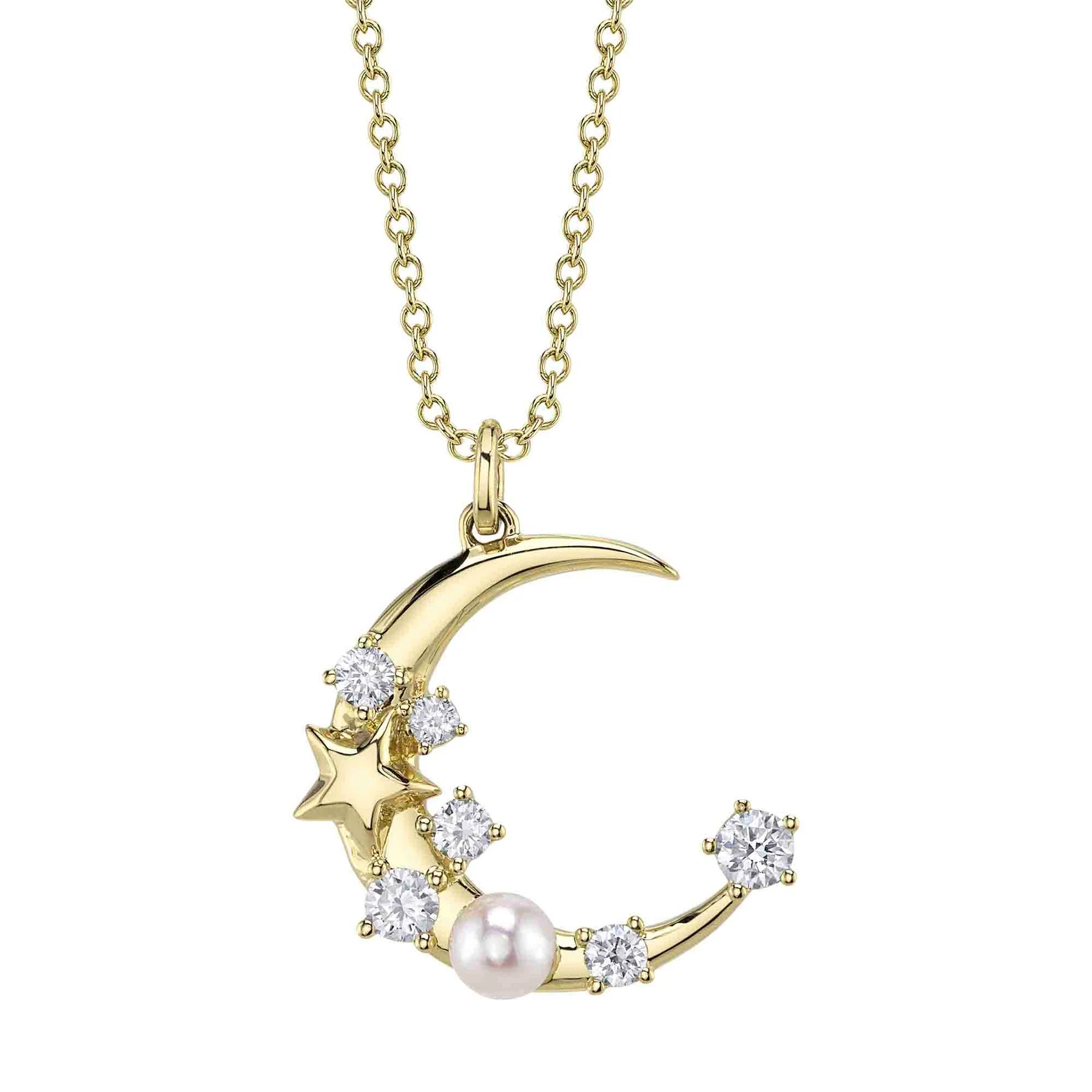 Women’s statement gold necklaces-0.30ctw Diamond & Cultured Pearl Crescent Moon Necklace