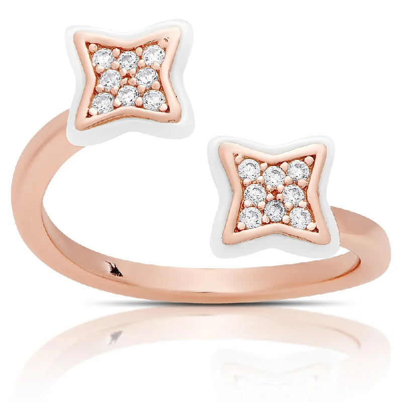 Women’s solid gold rings-Samantha Stone Rose Gold Over Sterling Silver Cubic Zirconia Ceramic Clover Open Ring