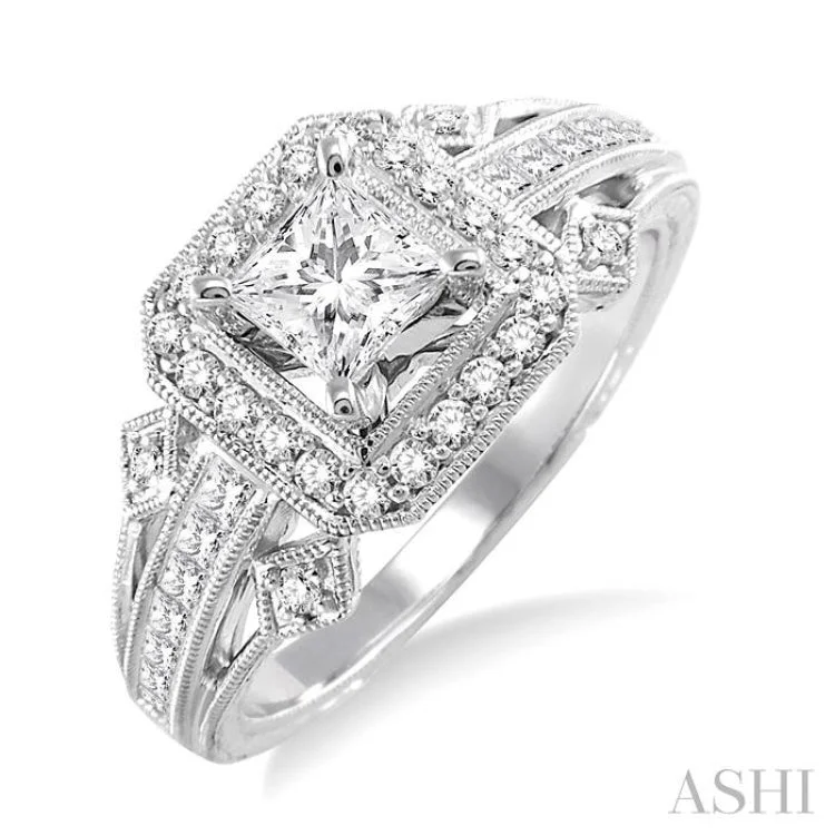 Women’s antique-style engagement rings-1/2 Ctw Round and Princess Cut Diamond Semi-Mount Engagement Ring 14K White Gold