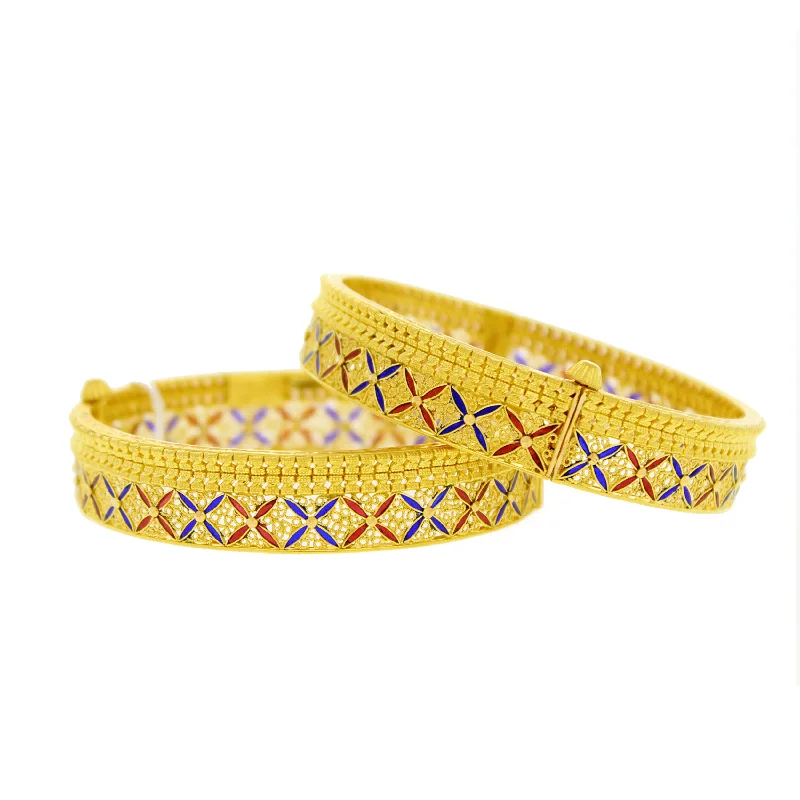 Women’s leather bracelets-Gold Bangles With Blue & Red Meena