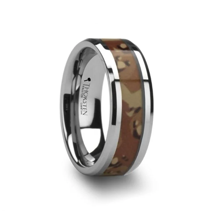 Women’s personalized diamond engagement rings-CRUSADER Tungsten Wedding Ring with Military Style Desert Camo Inlay