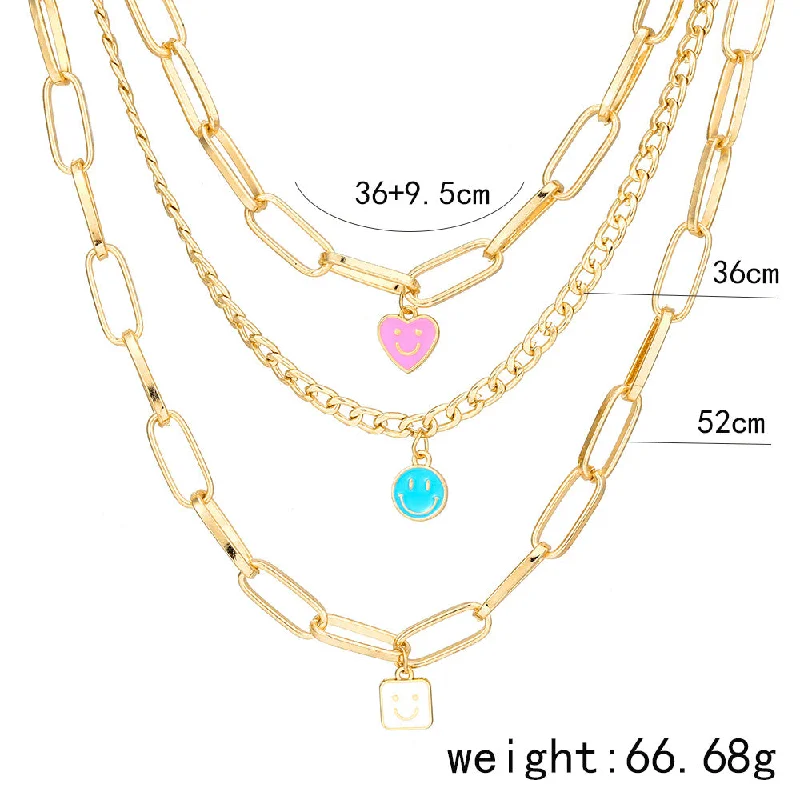 Women’s charm necklaces-New Fashion Smiley Face Necklace Personality Cartoon Peach Heart Square Smiley Face Multi-layer Necklace Female