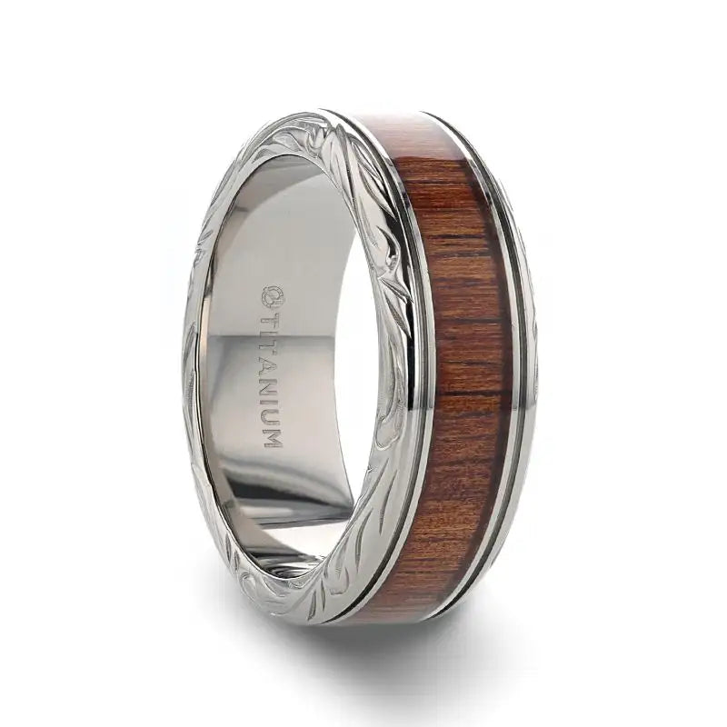 Women’s eternity band engagement rings-OHANA Koa Wood Inlaid Titanium Men’s Wedding Ring with Intricate Edges