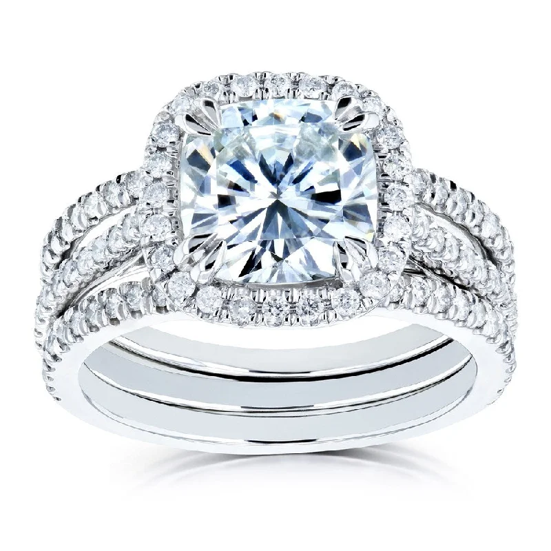 Women’s unique rings-Annello by Kobelli 14k White Gold 2 2/5ct TGW Cushion Moissanite and Diamond Halo Bridal Rings Set (GH/VS, GH/I)