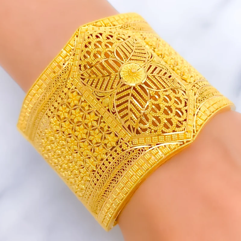 Women’s multi-strand bracelets-Extravagant Floral 22k Gold Screw Bangle Cuff