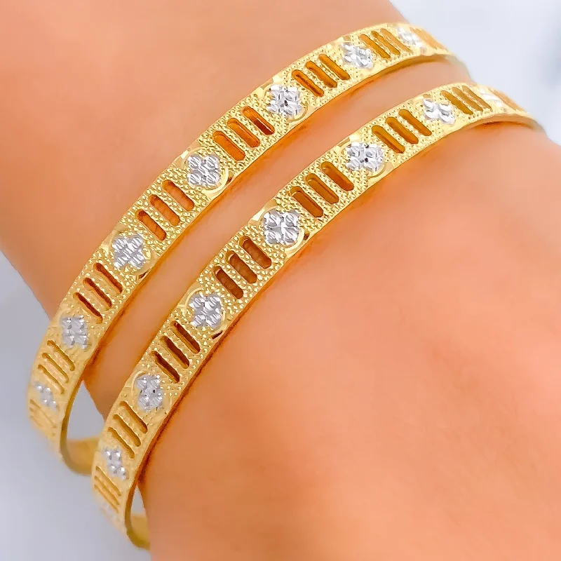 Women’s adjustable bangles-Elegant Striped Flower 22k Gold Bangle Pair - Payment 3