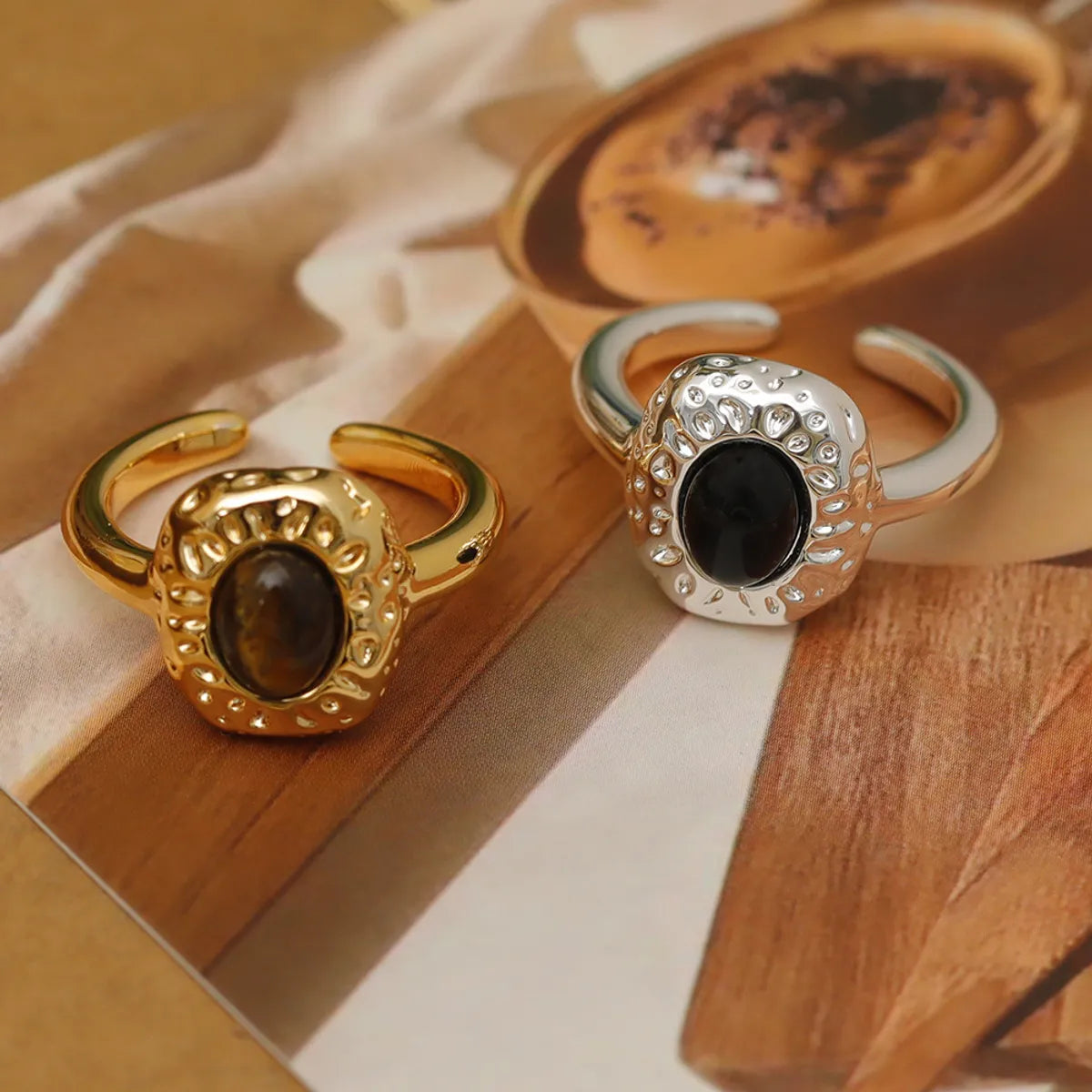 Women’s infinity rings-Wholesale IG Style Baroque Style Oval Copper Laser Inlay 18K Gold Plated Tiger Eye Open Rings