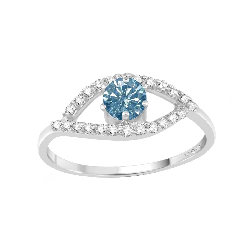 Women’s textured rings-Sterling Silver Blue Moissanite and White Zircon Evil Eye Ring